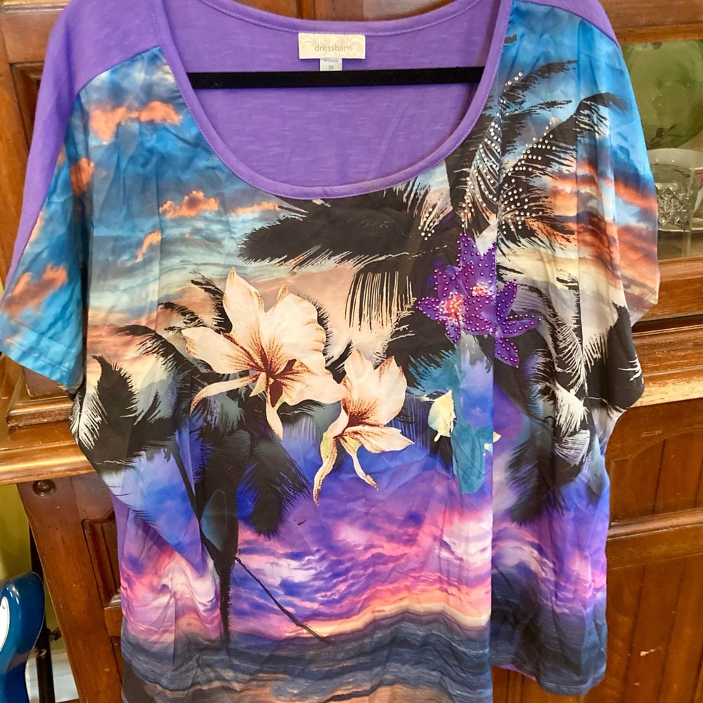 dressbarn Purple and Multicolor Tropical Women's Top